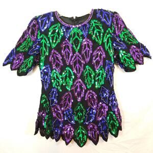 Vtg Monika sequin beaded leaf holiday dress top